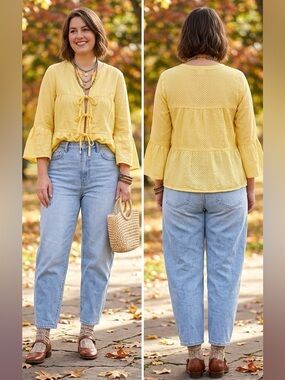 Lightweight Yellow Tiered Women's Tie Front Top